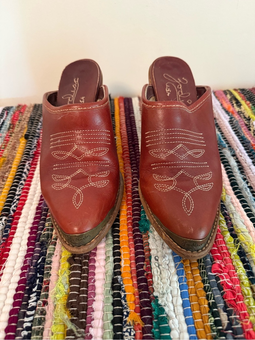 Vintage Zodiac Brown Leather Embroidered Slip-On Mules US 7.5